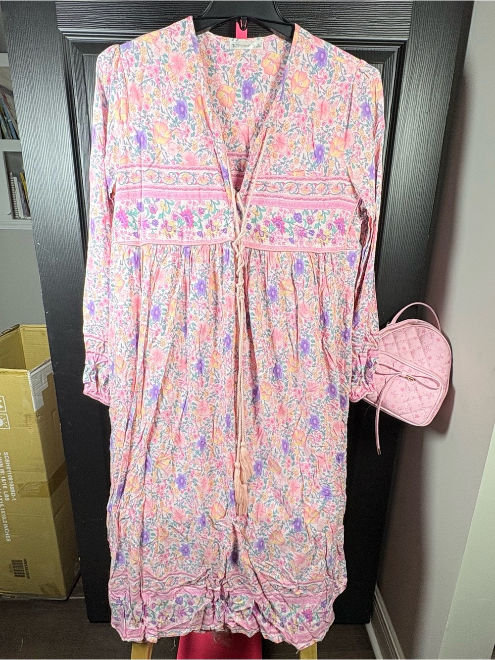 R. Vivimos Pink Floral Maxi Dress with Tassel Tie